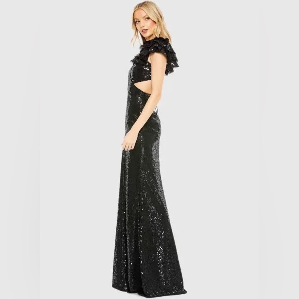 MAC DUGGAL Black Ruffle Shoulder Sequin Embellished Gown - Picture 2 of 4